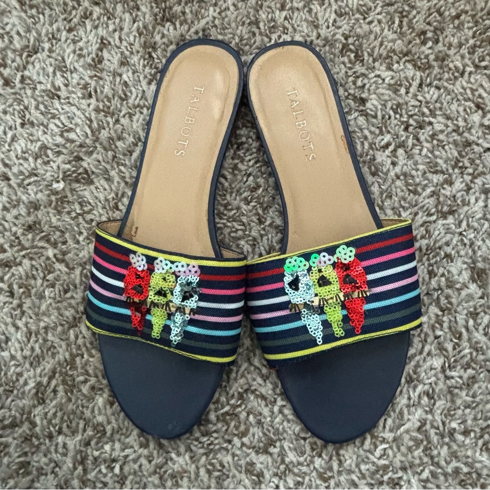 Talbots Navy Slide Sandals with Multicolor Striped Beaded Band